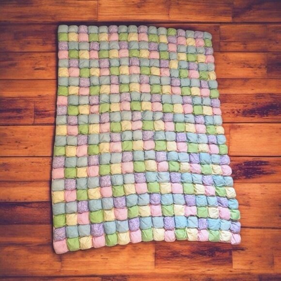 53” x 40.5” Puff Quilt Vintage Handmade Baby Blanket